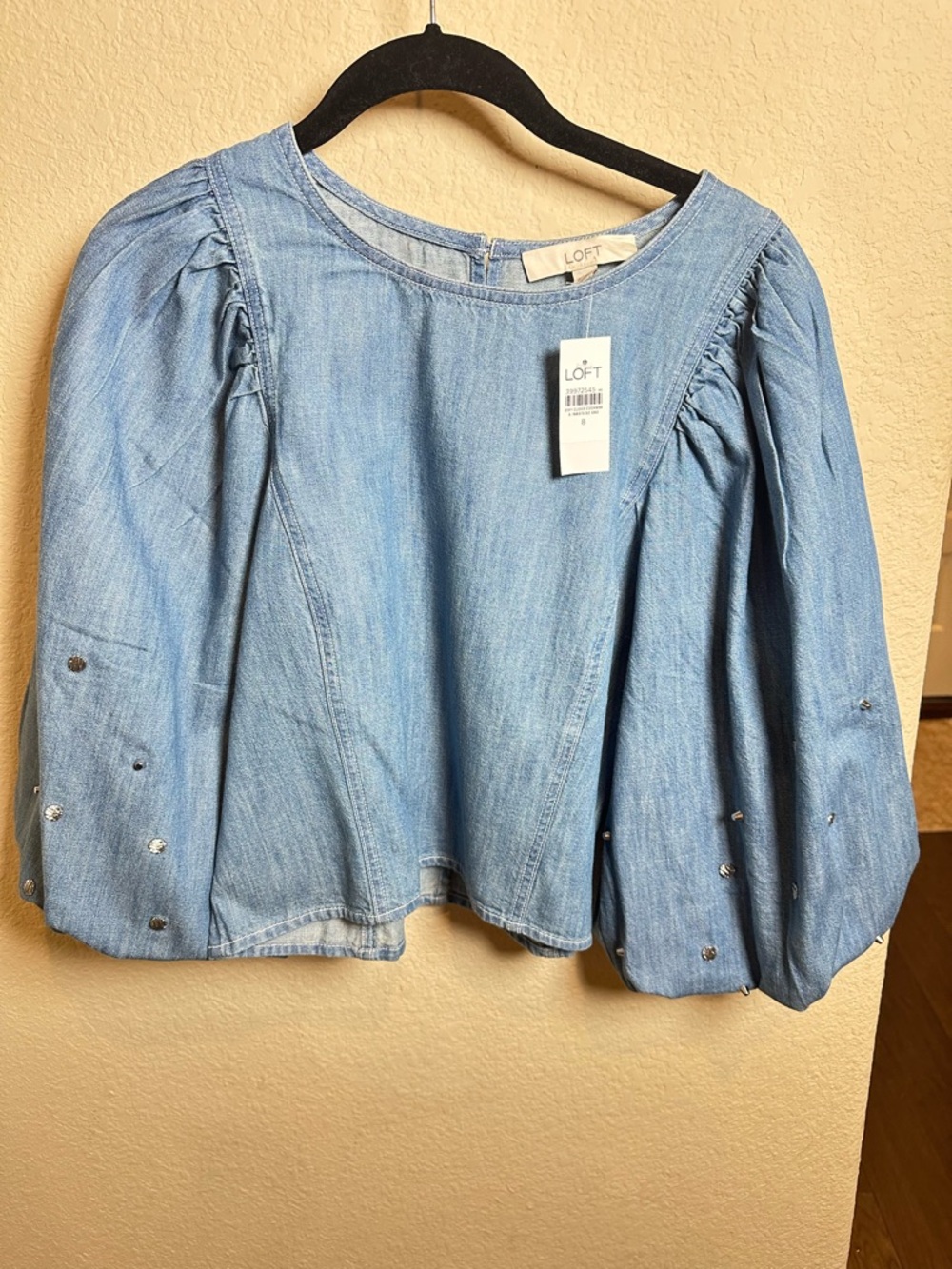 LOFT Light Blue Denim Puff Sleeve Blouse with Embellishments